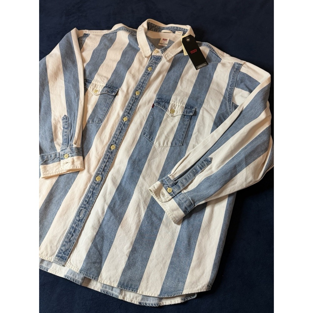 Levi's Mens Oversized Barstow Striped Denim Shirt Indigo Stripe Stone 2XL NEW
